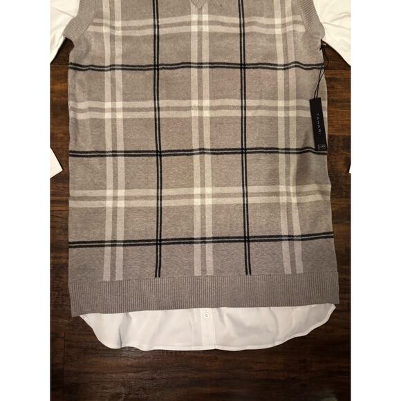 Tahari Women’s Tan Plaid Sweater Dress With White Shirt Underlay NWT Sz:L - Picture 2 of 8